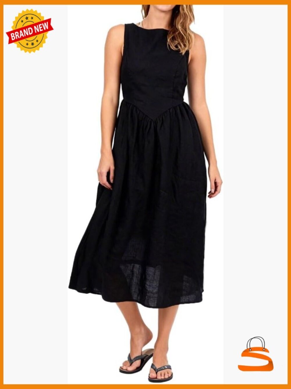 100% Linen Backless Midi Dress Sleeveless Sundress Casual Summer